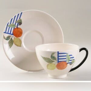Gien France La Ronde Des Fruits Breakfast Cups & Saucers Lemon Orange Set of 2